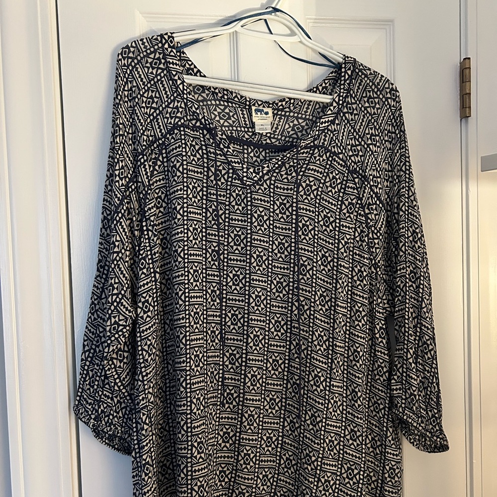 Lucky Brand Navy Blue and Ivory White Patterned Blouse